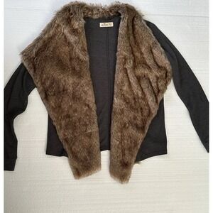 Hollister Top Women M/L Faux Fur Lined‎ Long Sleeve Open Front Sweater Gray